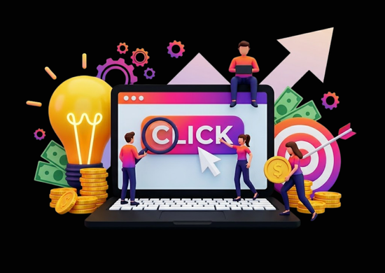 Illustration of a laptop with a pay-per-click search icon surrounded by growth, targeting, and revenue graphics
