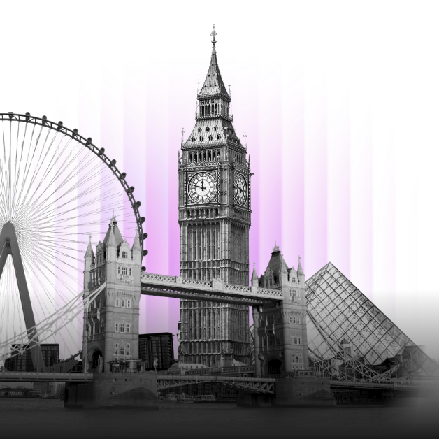 London skyline collage with purple glow