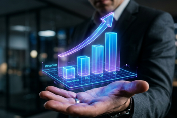 Business professional presenting a digital growth chart